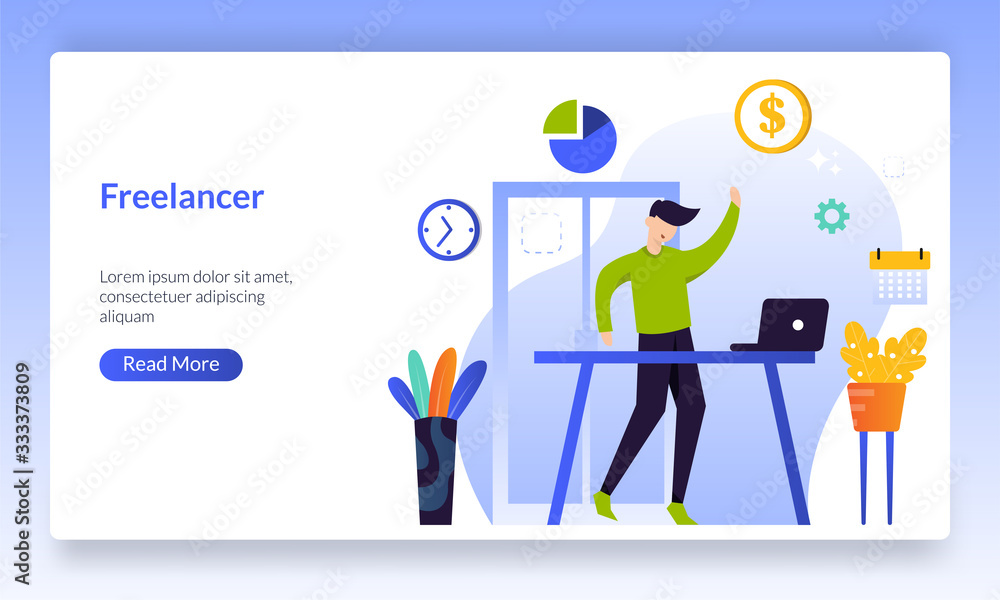 Freelancer concept, remote online job , man working with laptop from anywhere, landing page template for banner, flyer, ui, web, mobile app, poster