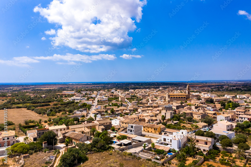 Aerial view, the village of ses Salines, with the Esglesia Ses Salines church, Mallotrca, Balearic Islands, Spain