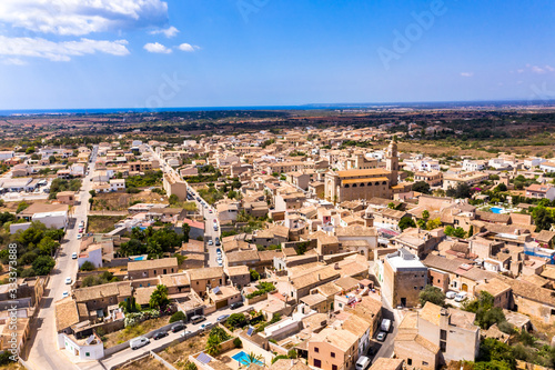 Aerial view, the village of ses Salines, with the Esglesia Ses Salines church, Mallotrca, Balearic Islands, Spain