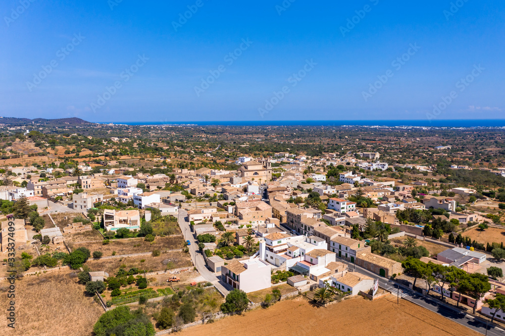 Fototapeta premium Aerial view, S'Alqueria Blanca with Parroquia de San José church, Mallorca, Balearic Islands, Spain