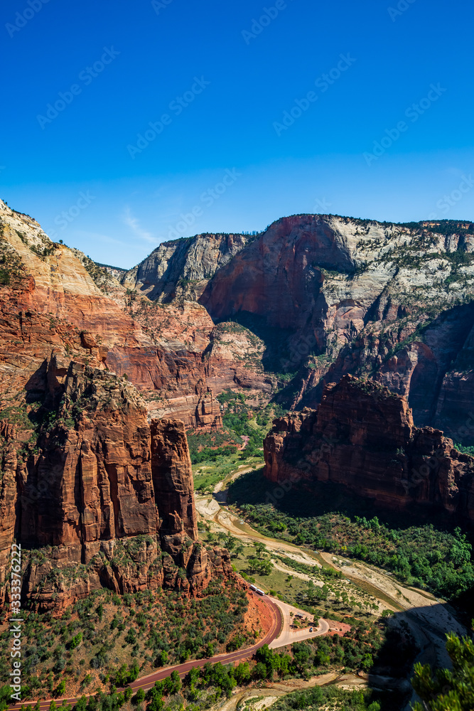 Naklejka premium Southwest usa Zion National Park The main part of the park is Zion Canyon surrounded by the walls of the Deertrap, Cathedral and Majestic Mountain mountains. The Virgin River flows through the canyon.