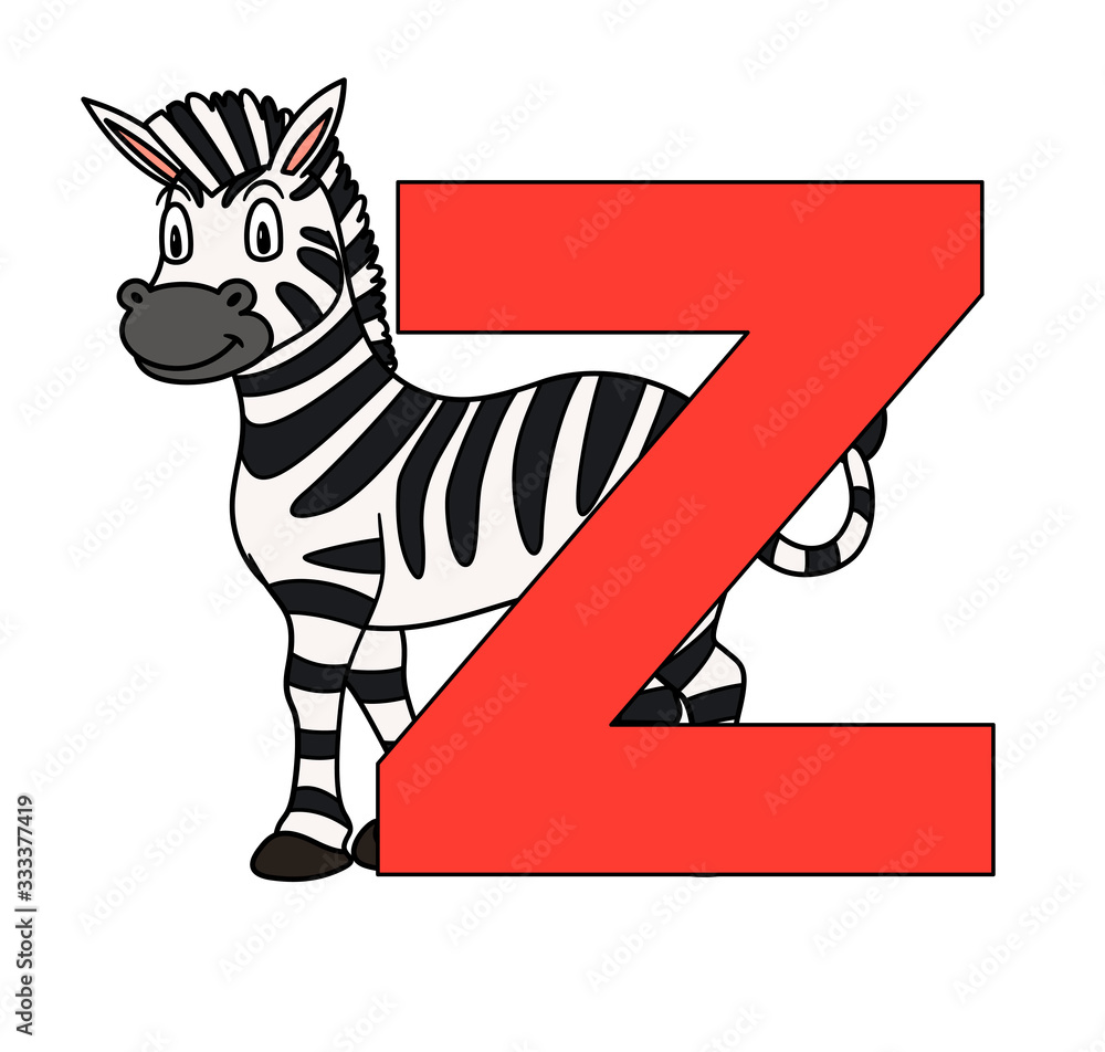 Animal alphabet. capital letter Z, Zebra. Raster illustration. For pre