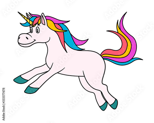 Cartoon Animal Unicorn. Raster illustration. For pre school education  kindergarten and kids and children. For print and books  zoo topic. Smiling with happy face. friendly fantasy horse with horn