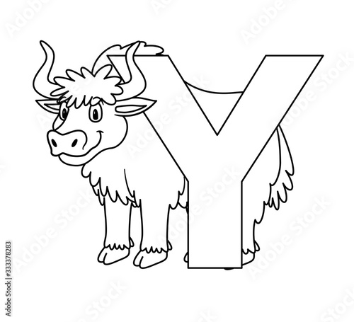Animal alphabet. capital letter Y, Yak. Raster illustration. For pre school education, kindergarten and foreign language learning for kids and children. Coloring page and books, zoo topic.