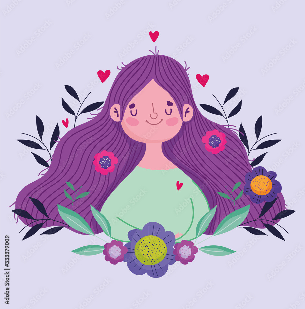 happy mothers day, cute woman flowers in hair celebration greeting card happy mothers day, cute woman flowers in hair celebration greeting card