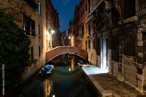 Romantic narrow canal in Venice in the evening, Italy. Walking, traveling, tourism