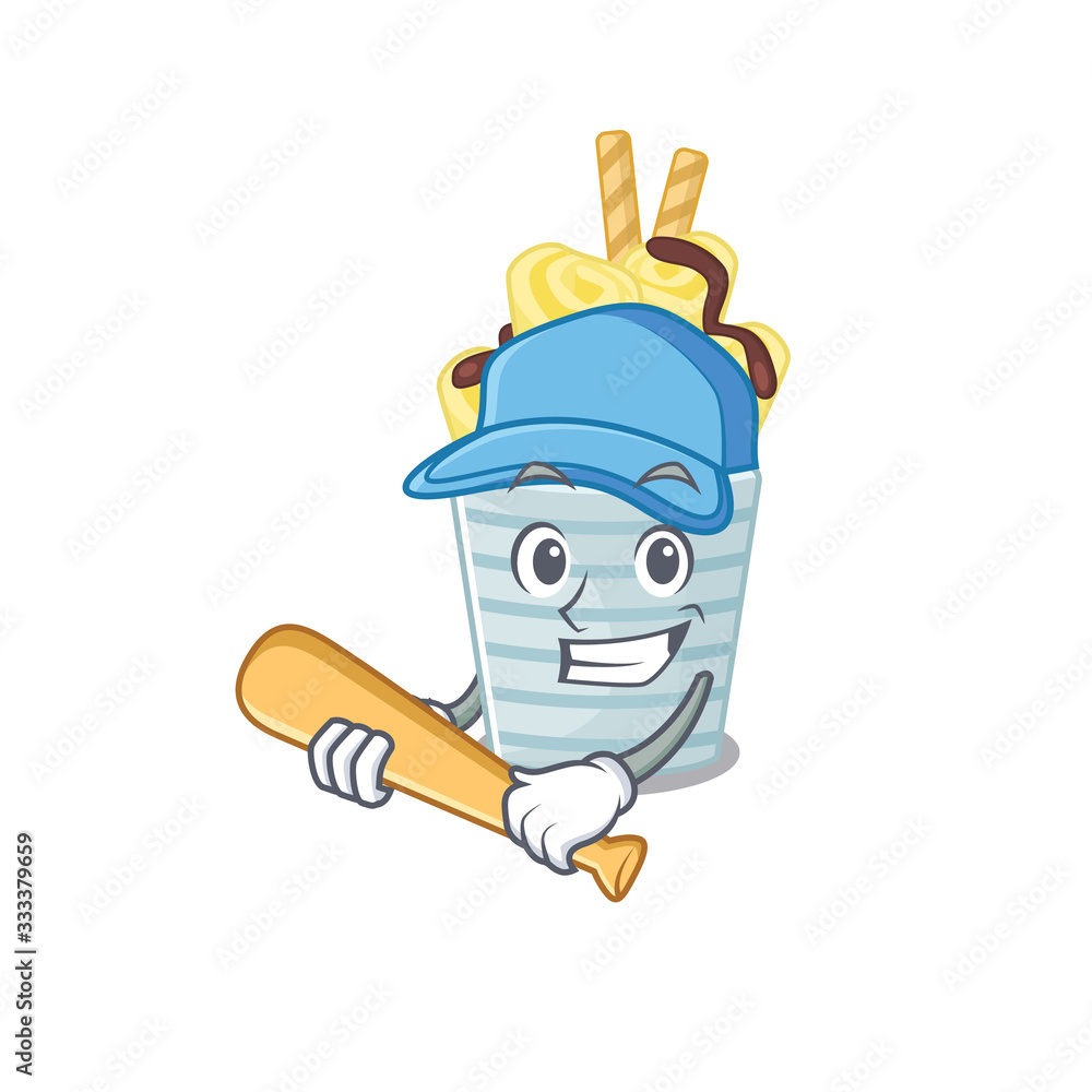 Mascot design style of ice cream banana rolls with baseball stick