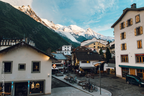 Wonderful street views with authentic French houses and mountain scenery. Travel concept. Chamonix, France © WellStock