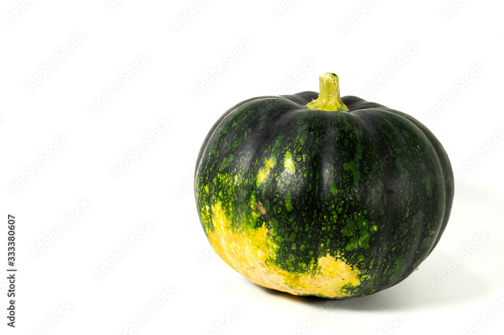 A green natural fresh Indian pumpkin is isolated on white background with blank text A green natural fresh Indian pumpkin is isolated on white background with blank text