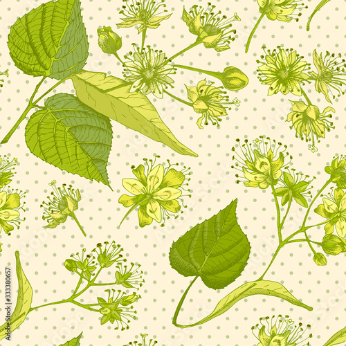 Linden blossom hand drawn seamless pattern with flower  lives and branch in yellow and green colors on light beige background. Retro vintage graphic design Botanical sketch drawing