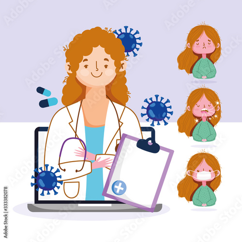 online health, female doctor laptop consultation and patient with symptoms covid 19 pandemic