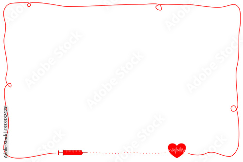 Vector - Simple red border with syringe and heart symbol on white background. Copy space.
