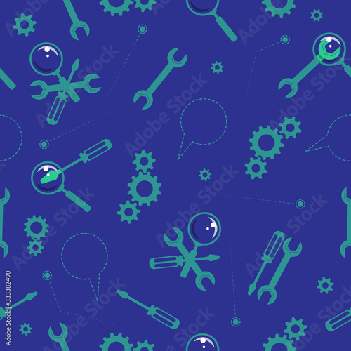 Screwdriver, wrench, magnifier, gears. Seamless ornament, pattern, background and template. Vector square
