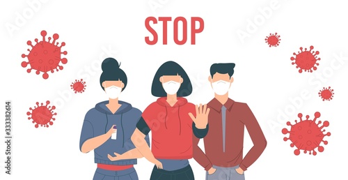 Stop coronavirus. Covid-19 outbreak vector illustratin. People wearing face mask.
