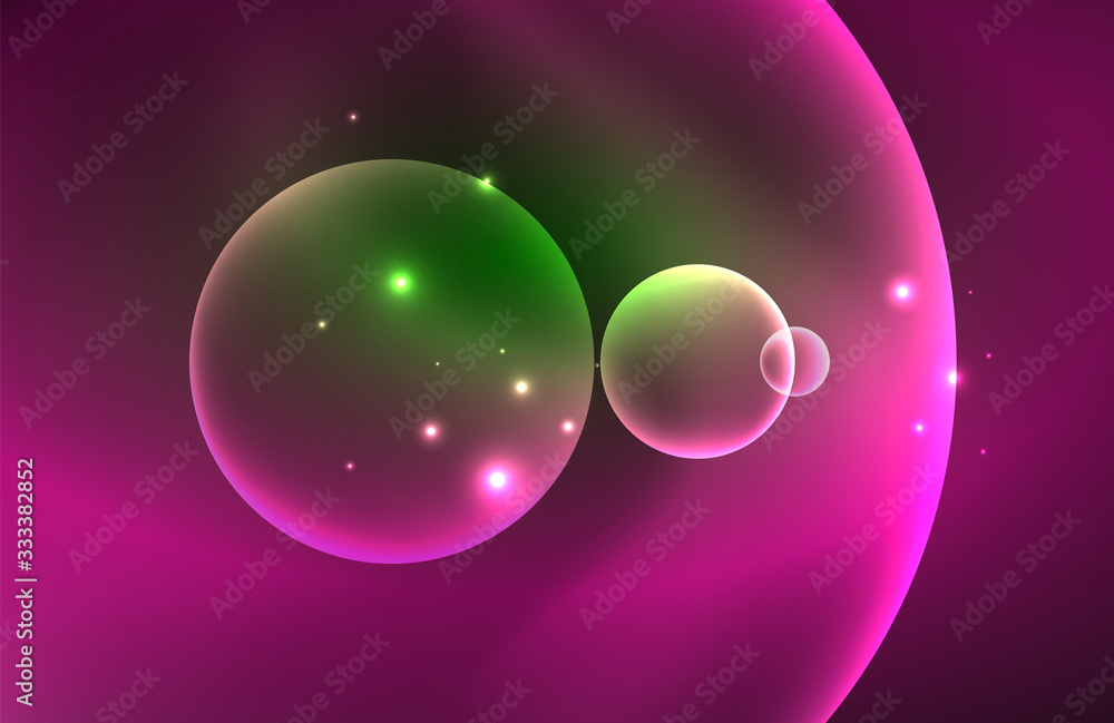 Neon shiny transparent glowing circles with light effects. Techno futuristic vector abstract background For Wallpaper, Banner, Background, Card, Book Illustration, landing page
