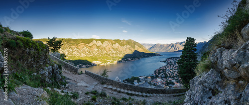 Sunny morning panoramic view of Kotor bay from ruins of Kotor's castle of San Giovanni, Montenegro.