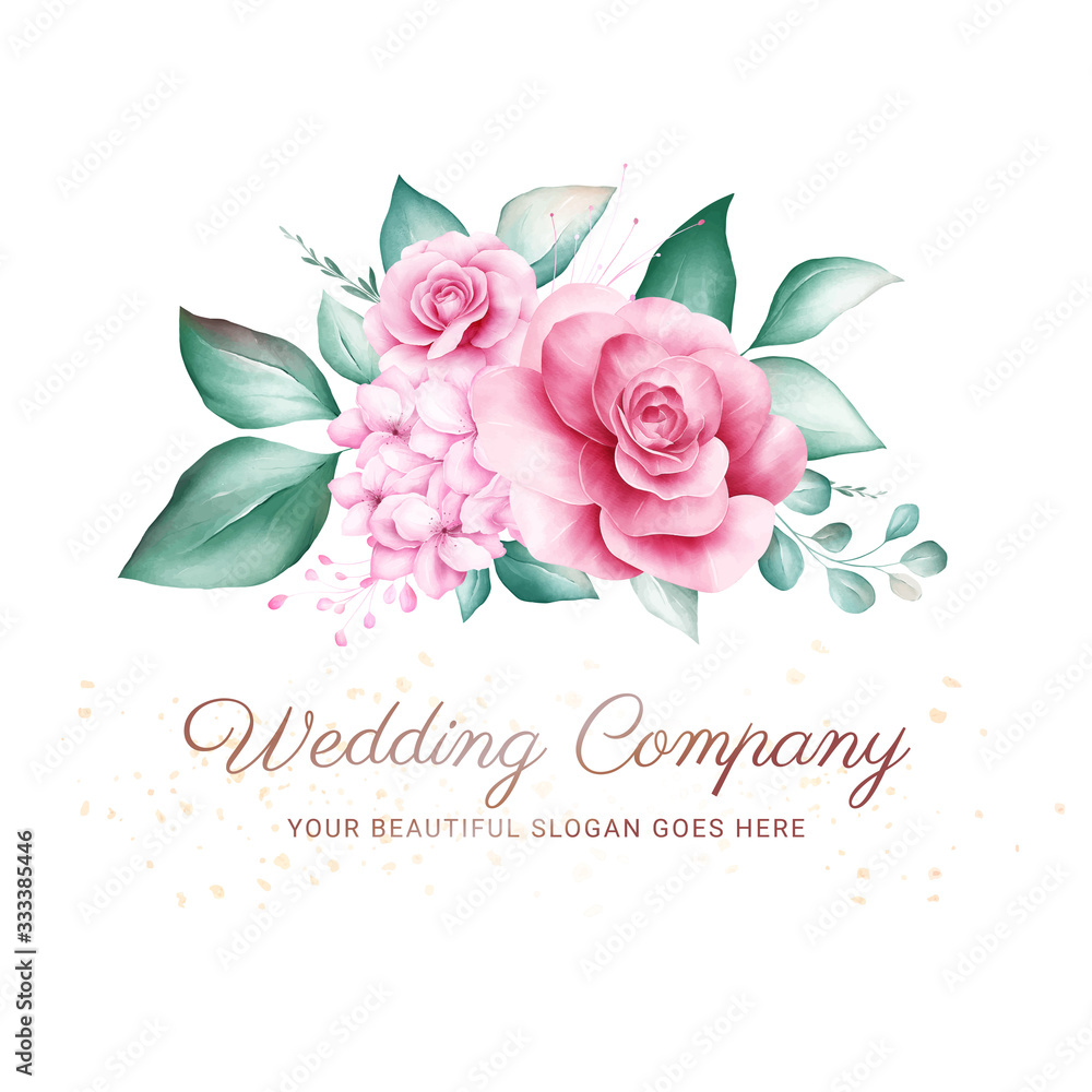 Watercolor floral badge for logo or wedding card composition. Premade flowers illustration vector