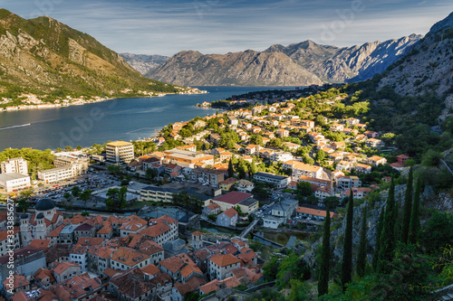 Sunny morning panoramic view of Kotor bay from ruins of Kotor's castle of San Giovanni, Montenegro.