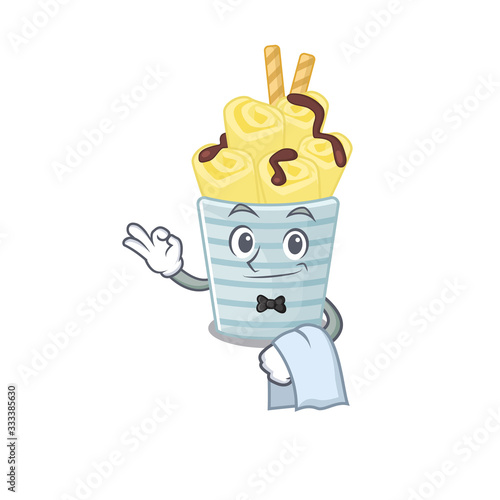 A design of ice cream banana rolls cartoon character working as waiter