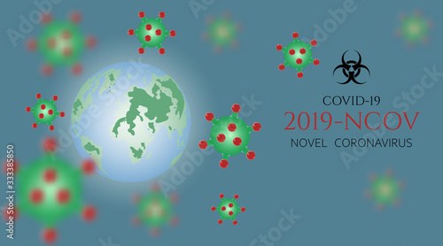 Earth. Viral cells attacking the planet. World global outbreak of coronavirus. 2019-ncov, pandemic coronavirus. Vector illustration.