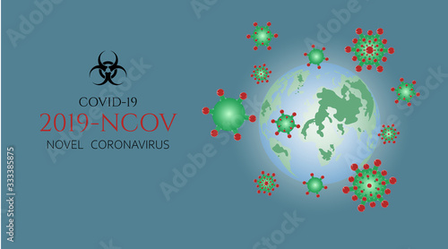 Earth. Viral cells attacking the planet. World global outbreak of coronavirus. 2019-ncov, pandemic coronavirus. Vector illustration.