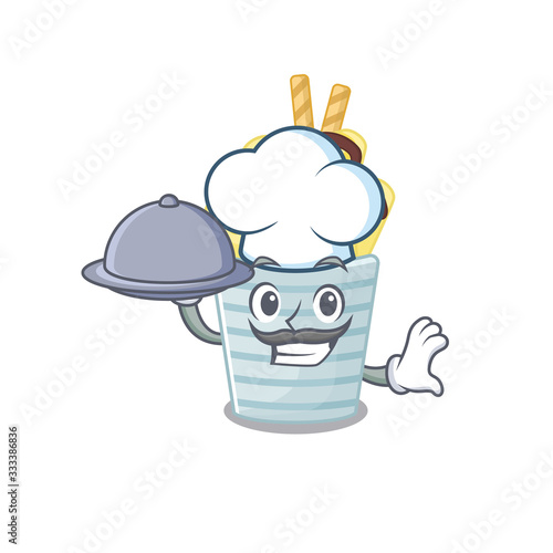 ice cream banana rolls as a chef cartoon character with food on tray