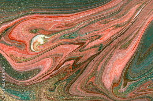 Pink, green and gold abstract paint marble background.