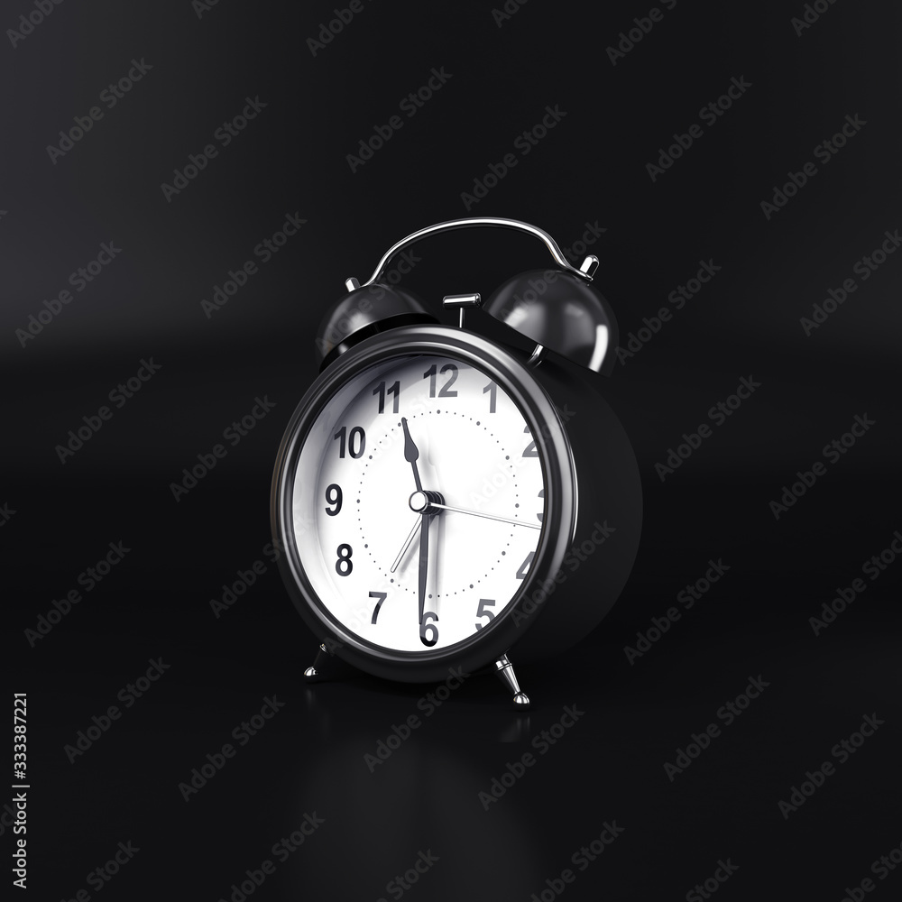 Naklejka premium Black alarm clock on a black background, 3D render