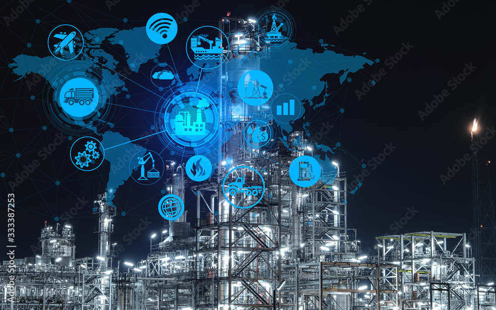 Industry 4 0 Concept Of Oil Refinery With Global Energy Network Icon Industry 4 0 concept of oil refinery with global energy network icon