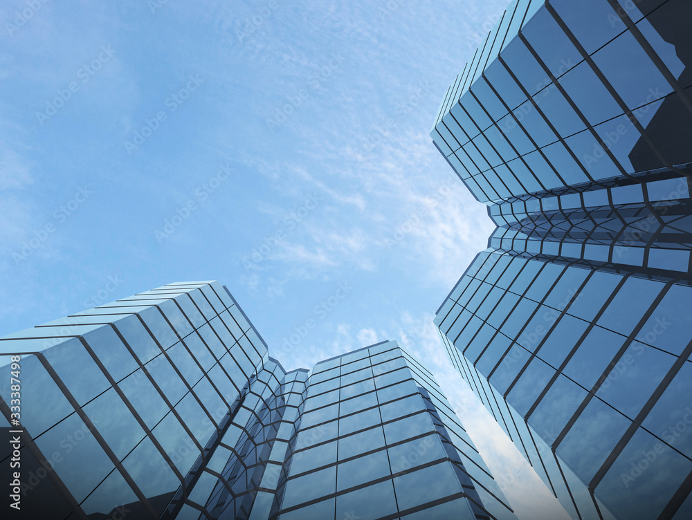 Obraz premium View of glass building on blue sky background,Business concept of future architecture,looking up to the light on the top of building. 3d rendering.