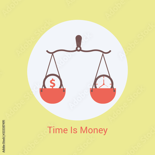  clock and money on balanced scale. Business concept.