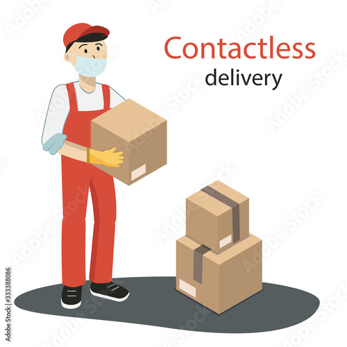 Illustration of Contactless delivery. A courier wearing a mask and gloves carries the box. Stock vector graphics.
