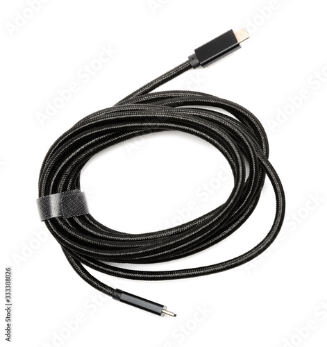 top view black type C cable on a white background