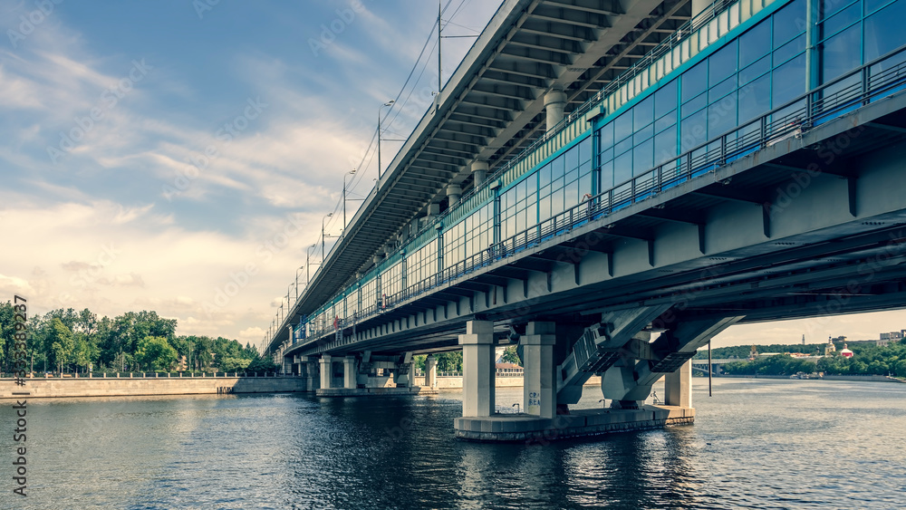 Railway bridge across the Moscow River. Vorobyovy Gory metro station in Moscow