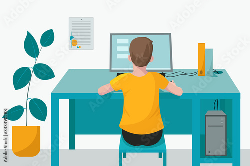 Remote home-based online training. A schoolboy with a computer sits at a table in his house and listens to a school lesson. Vector flat illustration. The concept of individual and distance learning.