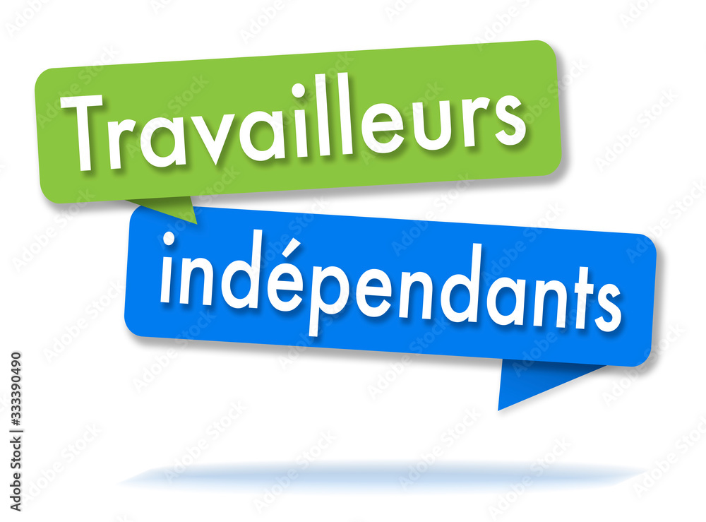 Self employed in colored speech bubbles and french language Self employed in colored speech bubbles and french language