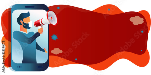 Man with medical mask speaking on a mobile phone making an announcement. Covid-19 coronavirus infection prevention awareness campaign. Quarantine. Cooperation. Red Banner. Copy space