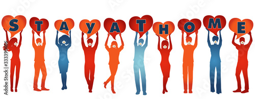 Silhouette people with medical masks holding heart-shaped speech bubble with written -stay at home- awareness campaign to prevent contagion coronavirus Covid-19