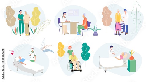 Elderly people and pensioners are hospitalized in quarantine, treated in the hospital, make a drip, injections, take pills, sit on a wheelchair, doctors care. Vector set.
