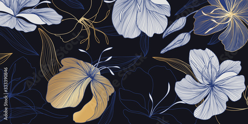 Fototapeta luxury vintage floral line arts golden wallpaper design