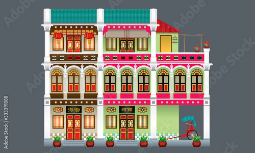 Three storey colorful and historical colonial style shop house. Linked. Signboard's caption: the places where the owner's origin.