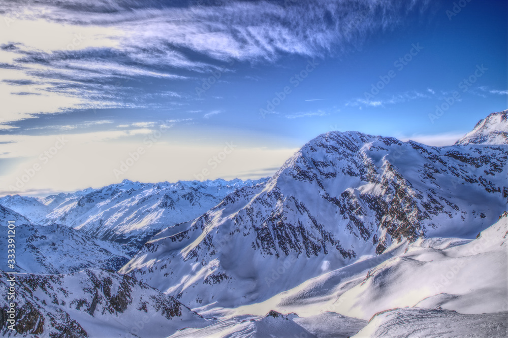 Stubaital Austria Mountains on a sunny day for ski and snowboard