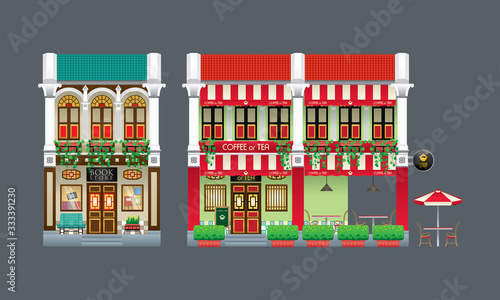 Double storey colorful and historical colonial style shop house. Isolated. Book store and coffee shop.