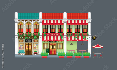 Double storey colorful and historical colonial style shop house. Linked. Book store and coffee shop.