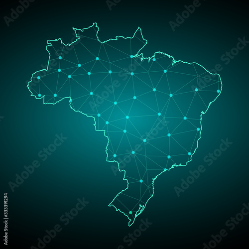 Map of Brazil from Polygonal wire frame low poly mesh, contours network line, luminous space stars, design sphere, dot and structure. Vector Illustration EPS10. - Vector