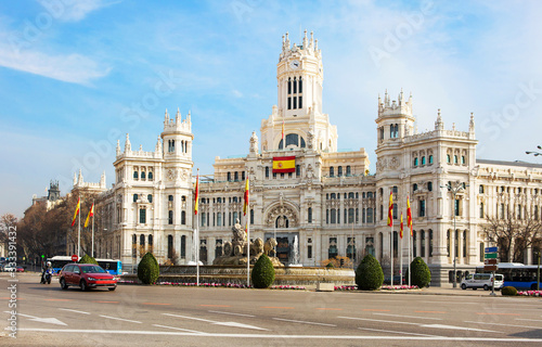 Madrid, Spain, Cibeles Palace. The Cibeles Palace is an architectural masterpiece of Madrid. On the most beautiful square in Madrid – Plaza de Cibeles-stands a snow-white Palace. It was built in 1918