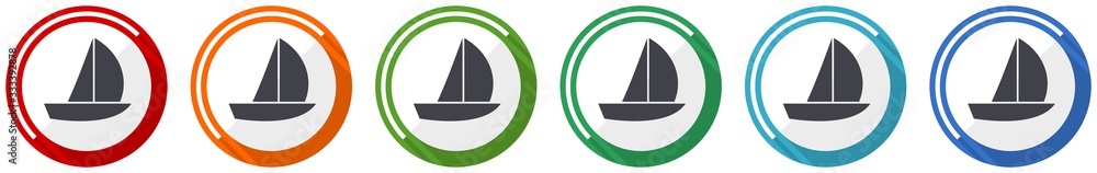 Yacht icon set, flat design vector illustration in 6 colors options for webdesign and mobile applications Yacht icon set, flat design vector illustration in 6 colors options for webdesign and mobile applications