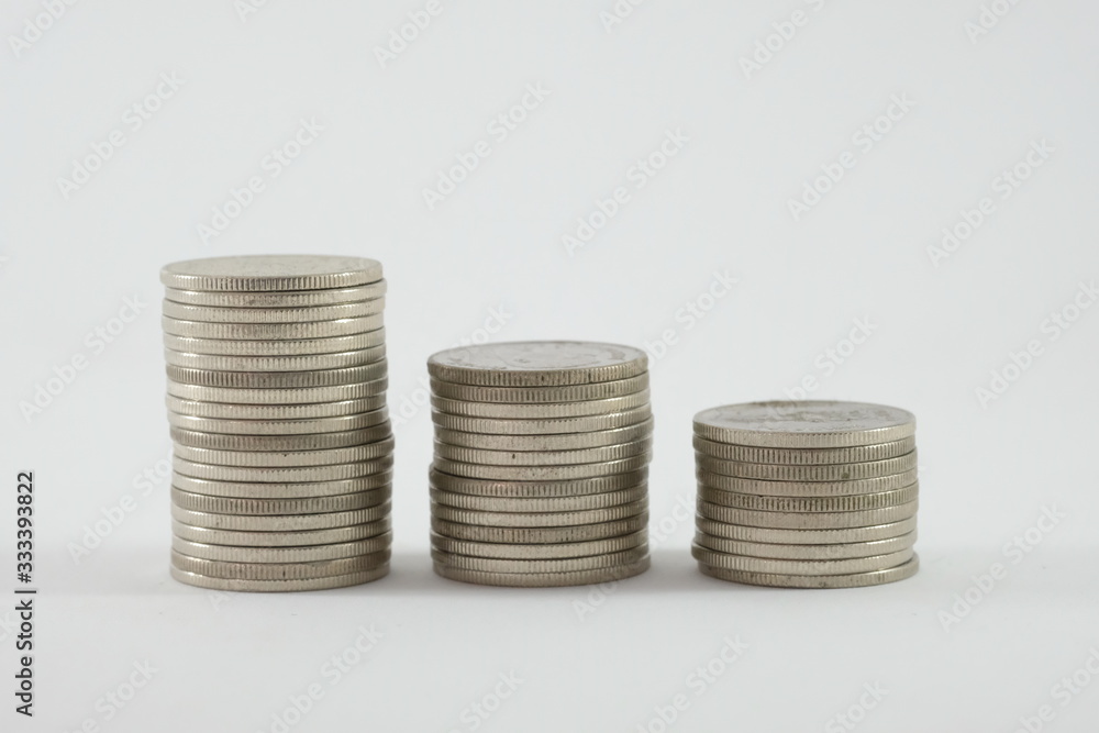 Coin one bath thai stacks three heap on a white background Coin one bath thai stacks three heap on a white background