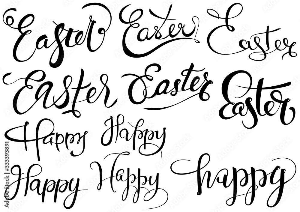 Inscriptions Happy Easter Set - Black and White Calligraphic Collection as Design Elements for Your Projects, Vector Illustration