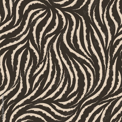 Vector seamless texture of beige color from smooth lines with torn edges isolated on a brown background. The pattern for printing on fabric or wrapping paper. Simple ornament in a linear style
